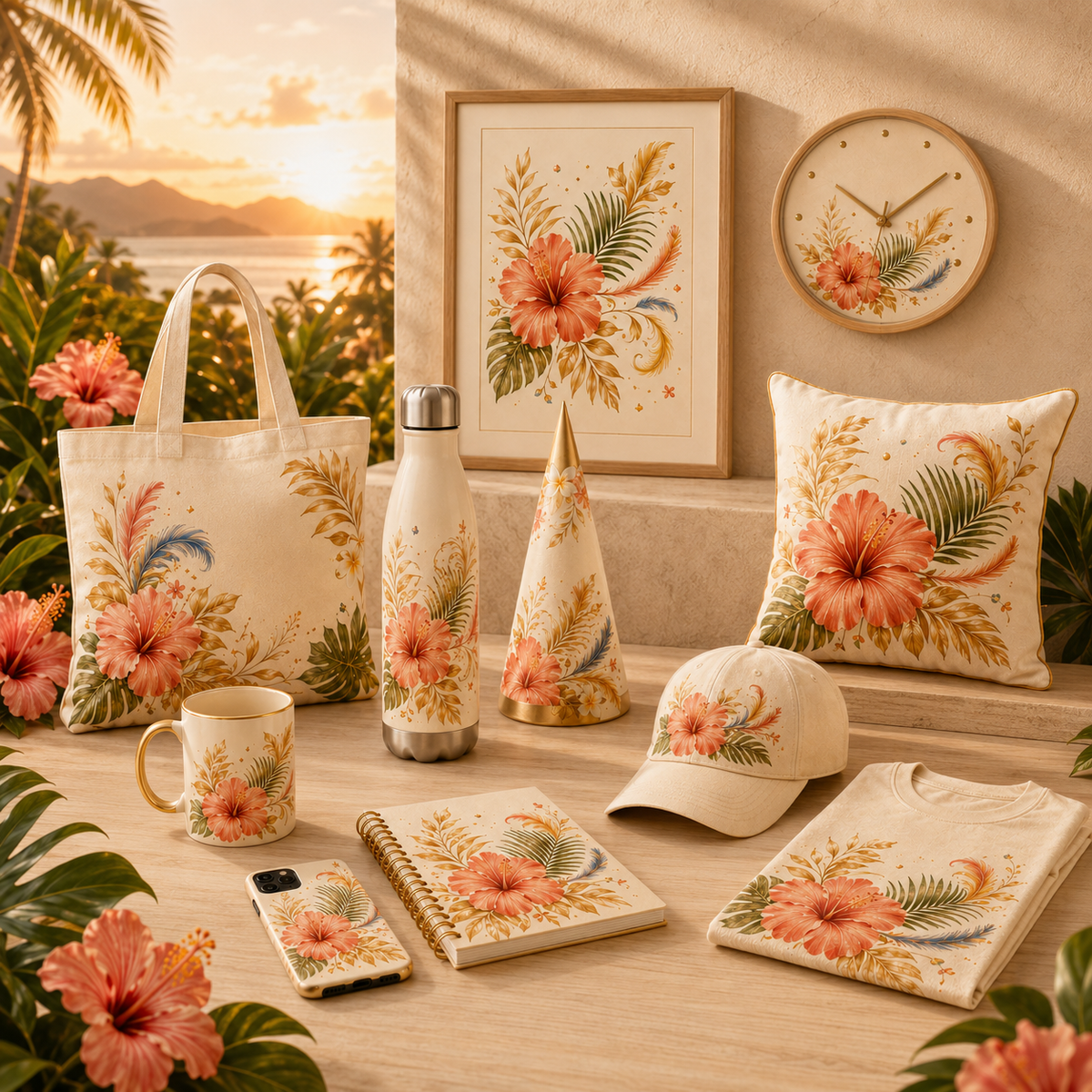 Collection carrée Personnaliz' Gwada : mug, gourde, cône, coussin, tableau, horloge et accessoires